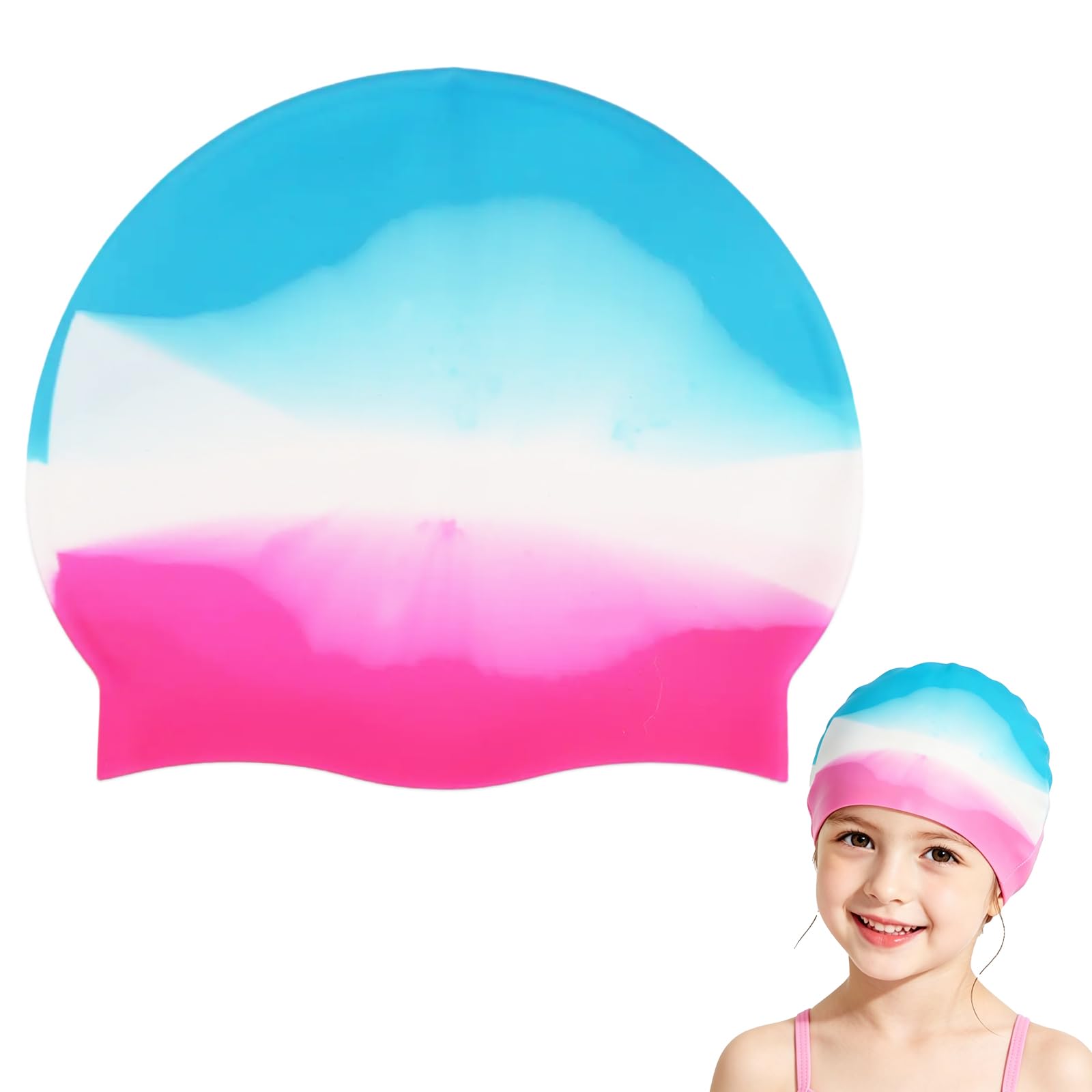 Badekappe Kinder Mädchen von 4-12 Jahren wasserdichte Badekappe mit Bunte Streifen, Kinder Silikon Badehaube Anti-Rutsch, Elastisch Schwimmkappe für K-inder Lange Haare Schwimmkappe Pool (Streifen-M)