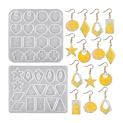 Nifocc Lot de 2 moules à bijoux résine époxy pendentif collier boucles d'oreilles, forme silicone forme cœur forme ronde étoile rectangulaire bijoux résine coulée moule cristal pour bricolage