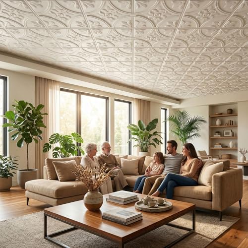 Image of Kayra Decor PVC Ceiling Panel 60x60 cm|Ornamental Floral Panel|White|12 Tiles Cover 48 Sq Ft| Modern False Ceiling|Royal & Elegant Finish