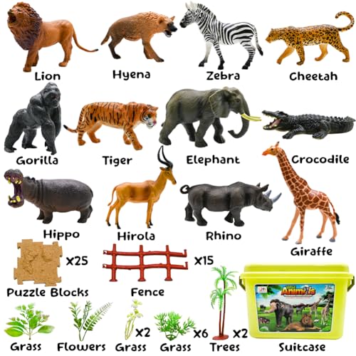 65PCS Safari Animal Figurines Toy Set, Realistic Jungle Zoo Figures with Elephant, Lion, Giraffe, Fence, Puzzle Blocks for Kids Ages 3-8
