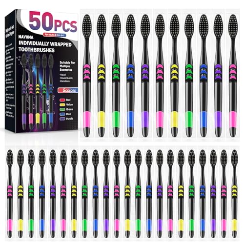 50 PCS Premium Individually Wrapped Bulk Toothbrush Pack Disposable Toothbrushes Kids Toothbrush Medium Soft Bristle Tooth Brushes Ergonomics Handle Perfect for Travel Camping Hotel Donation