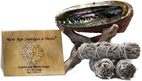 Incense Smudging Kit - 3 California White Sage Incense Smudging Wands Salvia Apiana with Natural 5-6 in Abalone Shell, Kit Includes Wooden Cobra Tripod Stand - Sage Insense,Inscent Sticks-4" Length
