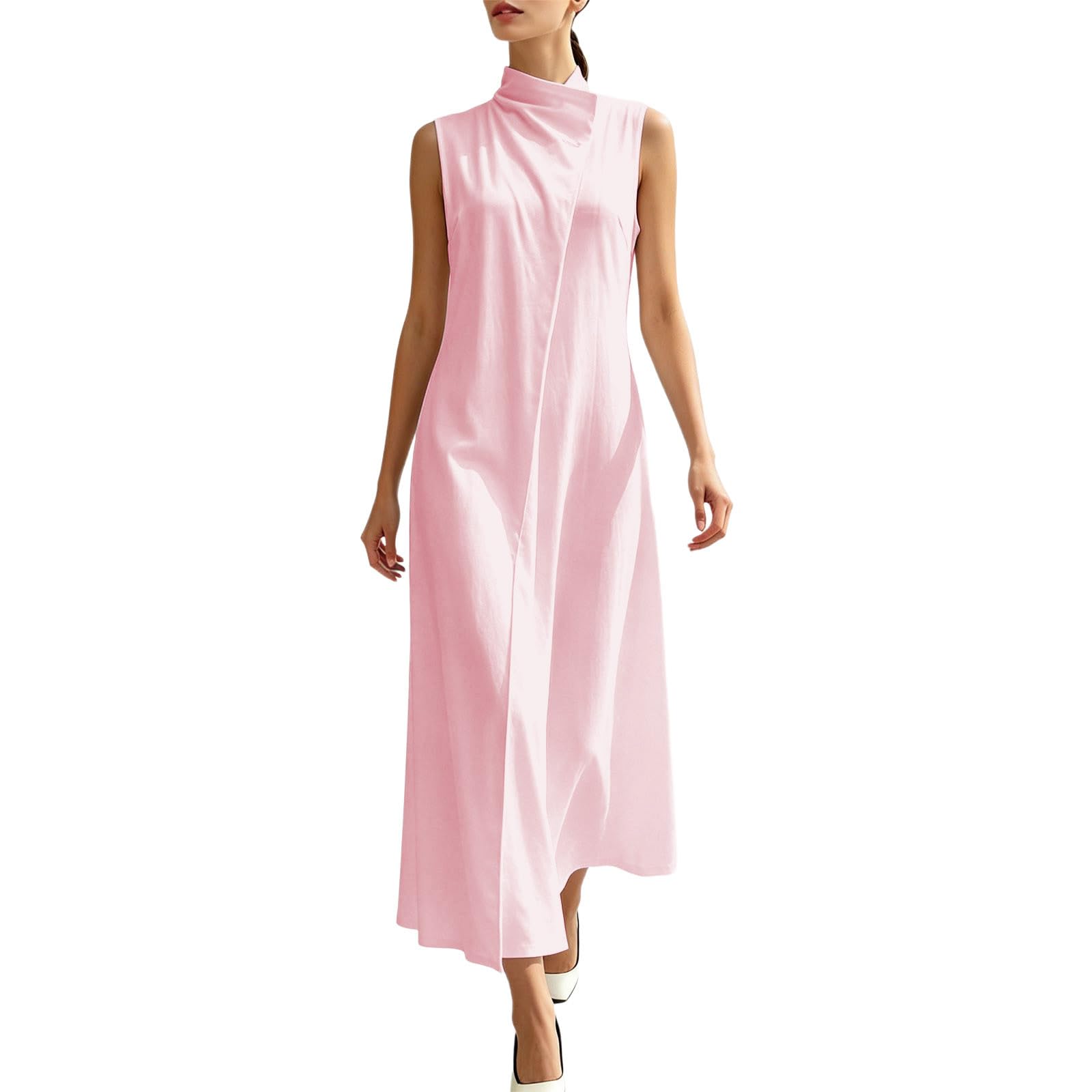 Robe midi élégante sans Manches à col Montant et Boutons, idéale au Quotidien
