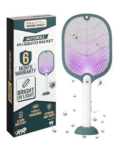 Weird Wolf 2 in 1 UV Light Electric Fly Swatter Mosquito Racket Bat with Base Stand, Lithium Battery, USB Charging, 6 Months Warranty, Green White