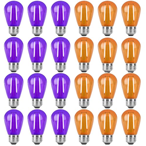 24 Pack S14 Purple and Orange Colored LED Light Bulb 2W Christmas Replacement String Lights Bulb E26 Base Plastic Shatterproof Waterproof LED Bulbs for Christmas Halloween Party Wedding(Purple,Orange)