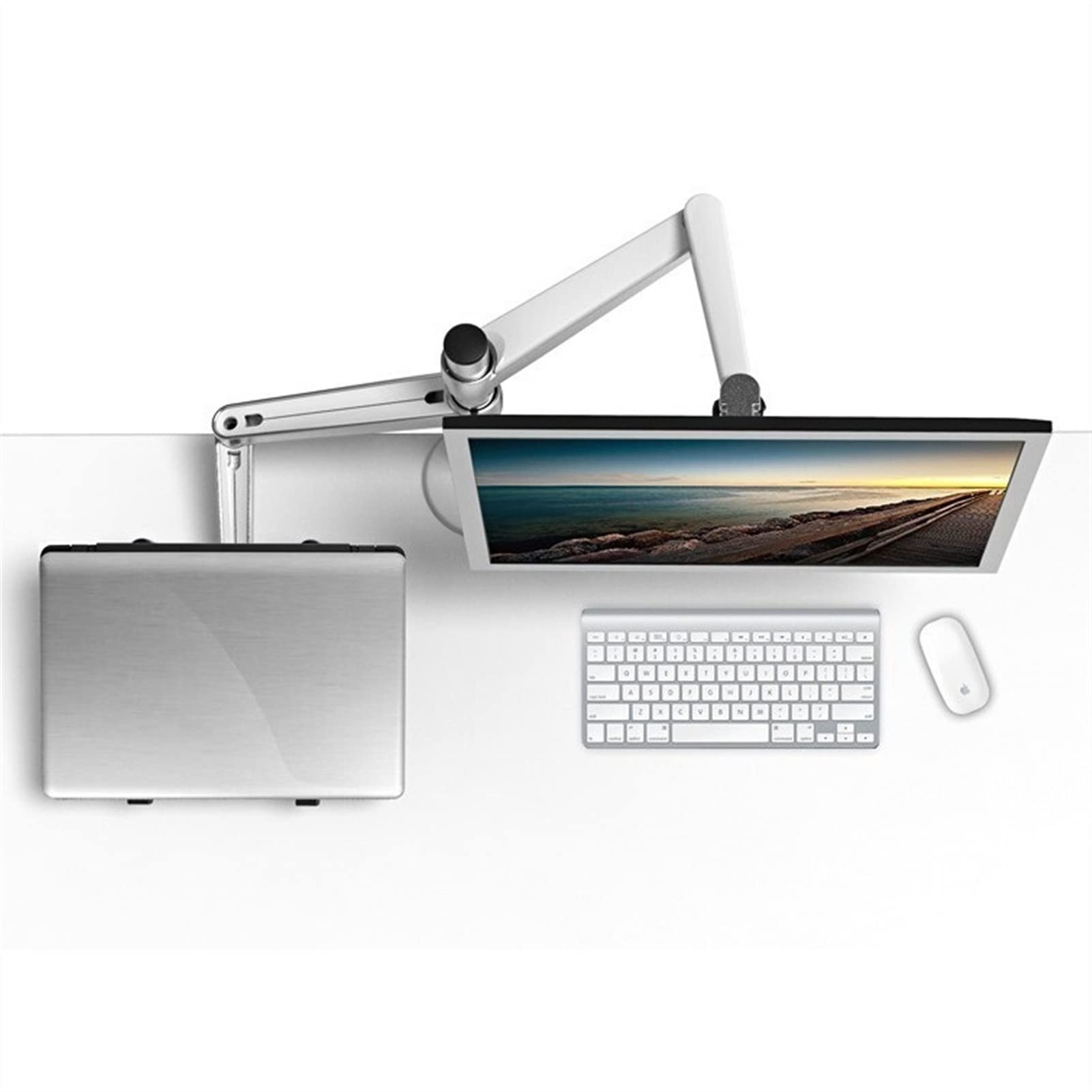 Supporto Braccio Monitor Supporto for monitor e laptop, supporti da scrivania a doppio braccio regolabili 2 in 1 for schermi LCD da 27 pollici e laptop da 12-17 pollici, con morsetto da tavolo e anell