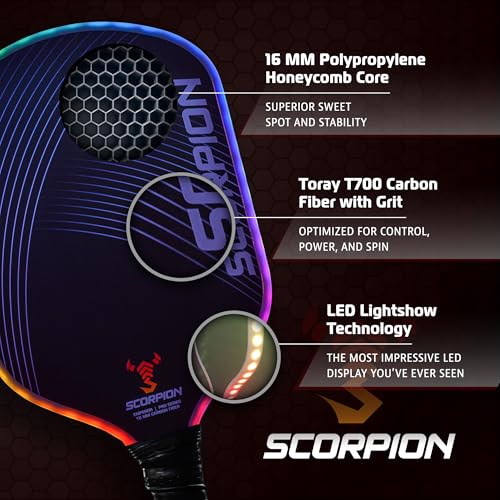 Image of SCORPION LED Pickleball Paddles Set of 2 or 1 - Lightweight Rackets with LED Edge Lighting | Carbon Fiber /Fiberglass /Wood Face | Durable Paddles for Women, Men, and Kids | Includes Bonus Accessories
