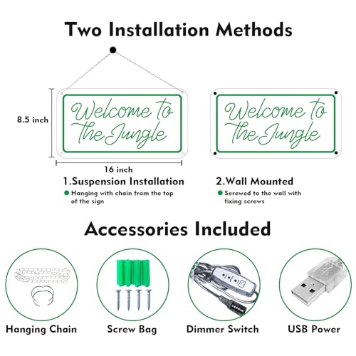 Image of Welcome to the Jungle Neon Sign, Neon Light Sign for Wall Decor Dimmable Green LED signs for Bedroom Home Birthday Party Wedding Engagement Garden Man Cave Decor USB Powered