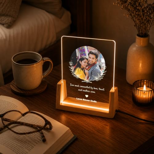 Image of Giftplease Personalized LED Acrylic Photo Frame with Custom Photo & Text | Engraved Acrylic Picture Lamp with Wooden LED Base | USB Warm Night Light for Anniversary, Wedding, Birthday, Couple & Family