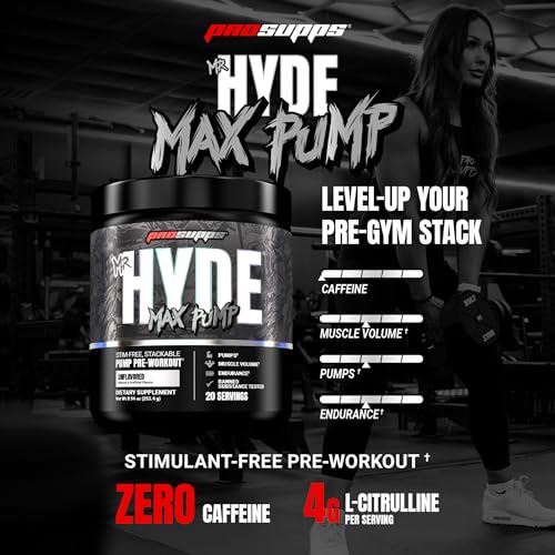 Image of ProSupps Mr. Hyde Max Pump Pre Workout Powder - Stim-Free Preworkout Supports Blood Flow, Muscle Volume & Endurance - Caffeine-Free Nitric Oxide Gym & Fitness Supplements (Unflavored, 20 Servings)