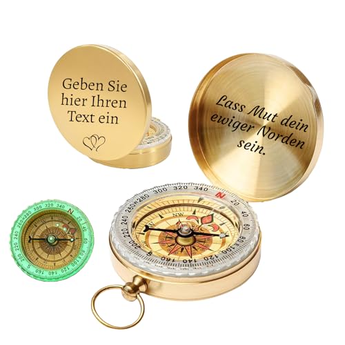 Personalisierbarer Kompass mit Gravur Wasserdichter Outdoor Mini Kompass Schlüsselanhänger mit Leuchtfunktion für Geburtstag Jubiläum Abenteuer (Gold)