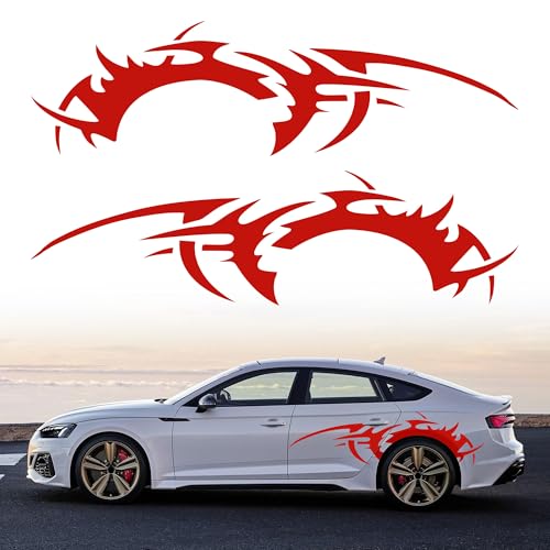 Image of TOMALL 2Pcs 66'' Flame Graphics Stickers Car Body Side Skirt Decals Racing Sports Stripe Decals for Car Universal Vinyl Waterproof Large Decal Decoration for Truck Off-Road Vehicles Accessories (Red)