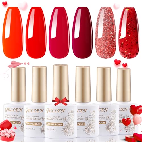 Gellen Red Gel Nail Polish Set - 6 Winter Christmas Colors, Burgundy, Bloody Red, Glitter - Soak Off UV Polish for Nail Art Design DIY at Home - Gift for Her