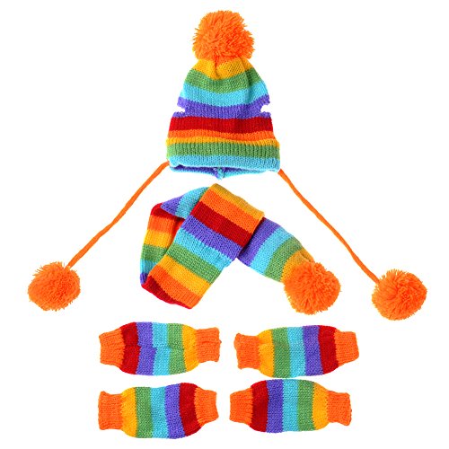 JJ Store Puppy Pet Dog Cat Winter Striped Hat Knitted Cap Socks Scarf Leg Warmers Rainbow Pink