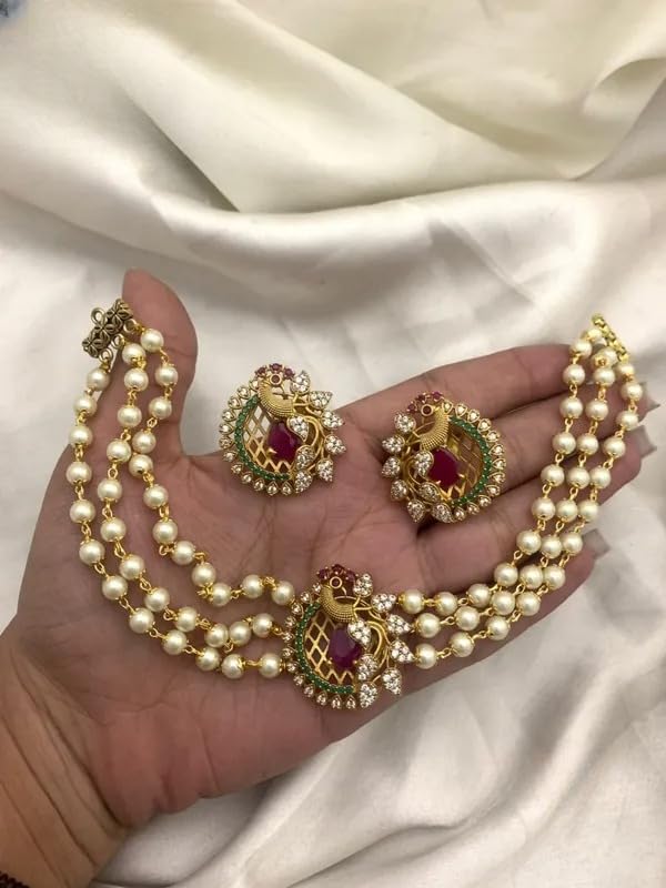 Image of Antique Gold Plated Temple Jewellery Necklace Set with Earrings for Women, Traditional Indian Bridal Necklace Set, South Indian Choker Haram Style Jewellery Set, Ethnic Wedding for Women