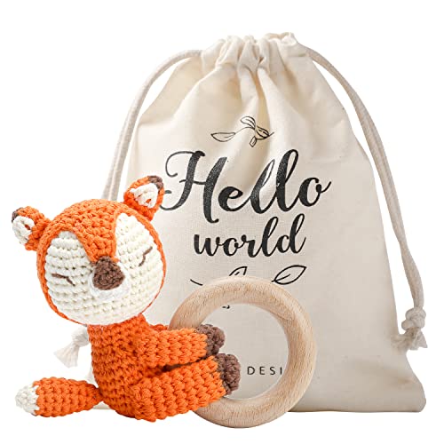 Image of WOODEN TEETHER Crochet Baby Rattle, Crochet Baby Toys, Organic Wooden Newborn Toys, Newborn Animal Rattle Toys,Knitted Stuffed Animals Gifts for Baby, Orange Fox