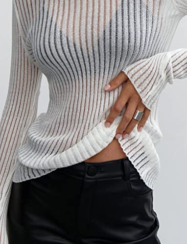 KAMISSY Women See Through Crew Neck Sheer Mesh Knitted Sweater Solid Basic Long Sleeve Loose Fit Knit Pullover Jumper Top3
