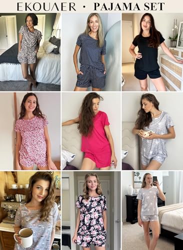Ekouaer 2 Pack Womens Pajama Sets Short Sleeve Sleepwear Soft Crew Neck Pj Shorts Set Printed Loungewear Set S-XXL2