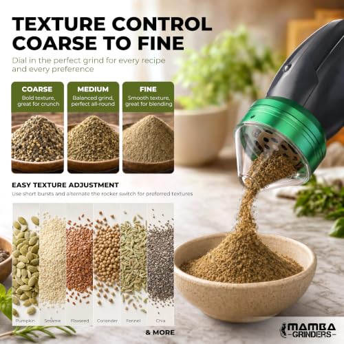 Image of Mamba Original USB One-Hand Spice Grinder with Aluminum Teeth, Gray | Aluminum teeth, one-handed prep, clear cone spout, USB cable, cleaning tools, reverse grinding, portable convenience