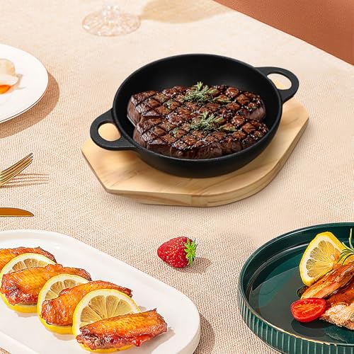 4 Sets Mini Cast Iron Skillet, Cast Iron Plates Skillet with Wooden Base, Small Round Fajita Plate Nonstick Baking Pan Sizzling Plate for Indoor and Outdoor Use (16 cm) - Image 3