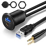 GOBGOD USB Car Mount Flush Cable Waterproof, USB 3.0 & 3.5mm AUX Extension Dash Panel Mount Cable with LED Indicator for Car Boat Motorcycle (3 feet)