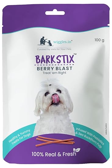WIGGLES Barkstix Dog Treats for Training Adult Puppies, 100g - Soft Chew Stick Hip, Joint, Skin & Coat - Sea Buckthorn Pulp, Ashwagandha (Berry Blast)