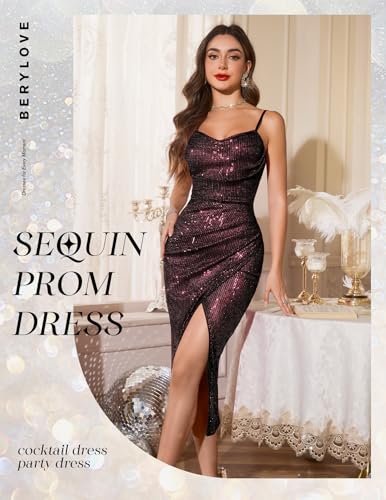 Image of BeryLove Summer Sequin Cocktail Prom Wedding Guest Dresses Sparkly Party Evening Formal Spaghetti Strap Dress