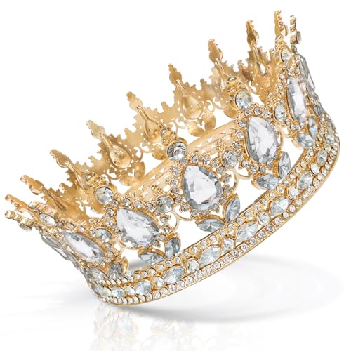 Coco Berming Tiara Brillante, Redonda Completa Reina de Cristal para Bodas, Fiestas de Cumpleaños, Recuerdos Viajes, Festivales, Exposiciones (Dorado)