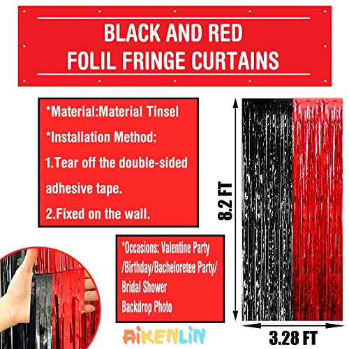 Image of 4 Pack 3.2Ft x 8.2Ft Black Red Foil Fringe Curtain Backdrop, Metallic Tinsel Foil Fringe Streamers Curtains for Photo Booth, Wedding, Casino Viva Las Vegas Game Night Birthday Party Decoration