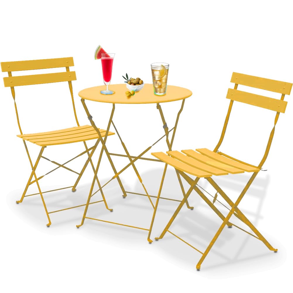 Juego de 3 piezas de jardín plegable modelo París, mesa con 2 sillas de acero, muebles que ahorran espacio para bistró, balcón, patio, terraza, exterior, bar doble (Mostaza)