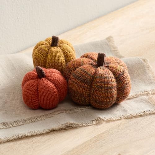 Image of Set of 3 Cozy Mini Knit Pumpkins, Green Gold (Spiced Maple Multi-Size Set) | Fall Table Top Decor, Soft Autumn Home Accents, Thanksgiving Table Setting