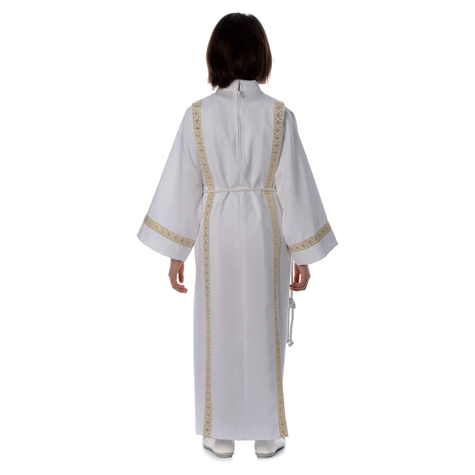 Holyart Abiti Prima Comunione: Saio Prima Comunione piegoni Bordo Dorato Davanti e Retro