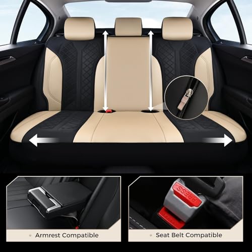 Image of Coverado Seat Covers Full Set, Beige Car Seat Covers, PU Leather & Breathable Mesh Seat Protectors, 5-Piece Automotive Seat Covers, Universal Fit for SUVs, Trucks, Sedans