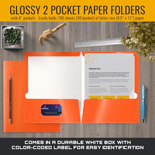 Image of Better Office Products 2 Pocket Glossy Laminated Paper Folders, Letter Size, Orange Paper Portfolios, Box of 25 Orange Folders