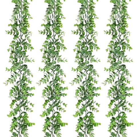 4 Pack Artificial Eucalyptus Garland, Faux Greenery Garland Decor 5.9 FT Spring Garland for Table, Fake Garland for Mantle Hanging Vines Summer Garland for Decorations Cover