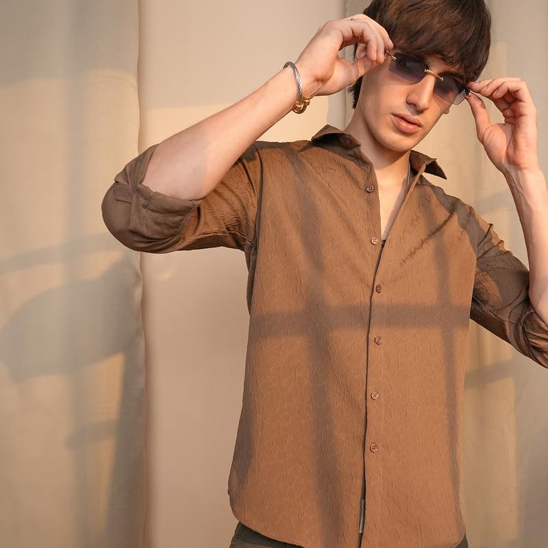 Image of CAHOOT Men's Veined-Textured Shirt | Casual Wear | Spread Collar | Long Sleeve | Button Closure | Shirt Crafted with Comfort Fit for Everyday Wear