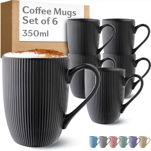 Cosumy Coffee Cups Ceramic 350ml - 6 Coffee Mugs in Modern Black Striped Pattern - Insulated Matt Ceramic - Microwave Safe - Dishwasher Safe & Comfortable Handle