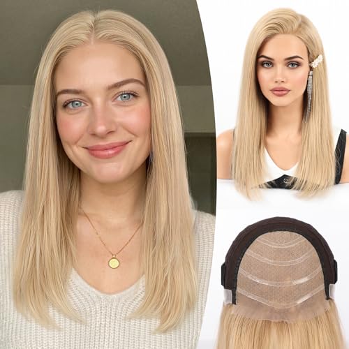Image of KKU 5x5 Lace Front Human Hair Wig,Real Hair Wigs for Women,Glueless,Non-Slip Silicone Pads and Skin-Friendly Cap(16 Inch, Blonde)