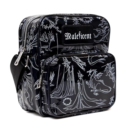 Disney Vegan Leather Crossbody Backpack with Adjustable Strap, Sleeping Beauty Villain Maleficent Poses Holographic Black/White2