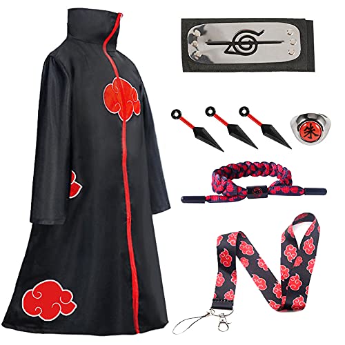 Akatsuki Cloak Itachi Kids Unisex Uchiha Robe Anime Cosplay Costume Men with Headband Ring Bracelet (Small (height 4ft9-5ft2), Akatsuki - 8 Pieces Set) Akatsuki Cloak Itachi Kids Unisex Uchiha Robe Anime Cosplay Costume Men with Headband Ring Bracelet (Small (height 4ft9-5ft2), Akatsuki - 8 Pieces Set)