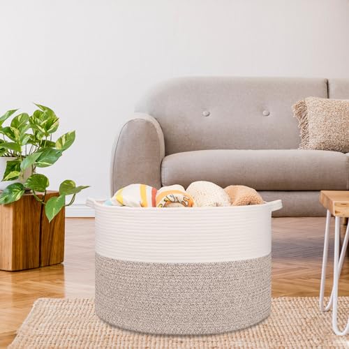 Image of Large Cotton Rope Blanket Basket, 87L Laundry Hamper, White & Brown