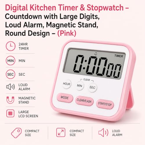 Image of LENTRAO Digital Kitchen Timer with Loud Alarm | Magnetic Back, Foldable Stand & Hanging Hook | Large LCD Countdown & Count Up Timer for Cooking, Baking, Study, Classroom, Gym & Office | Pink