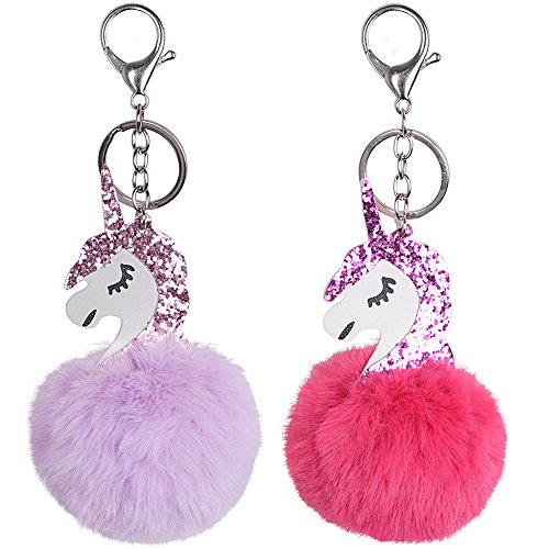 2Pcs Llaveros Unicornio con Pompón de Pelo de Peluche Originales