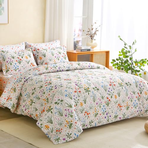 Image of lasoftan Floral Queen Comforter Set with Sheets, 7 piece Luxury Vintage Bedding, Soft Microfiber Bed in a Bag, Cozy Lightweight Bed Set, Green Patchwork Flower Leaf