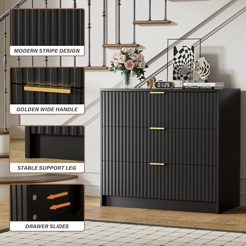 Image of Furniway Fluted Nightstands Set of 2, 31.5 inch Large Bedside Tables with 3 Drawers, Modern Wood Night Stands with Storage for Bedroom, Black