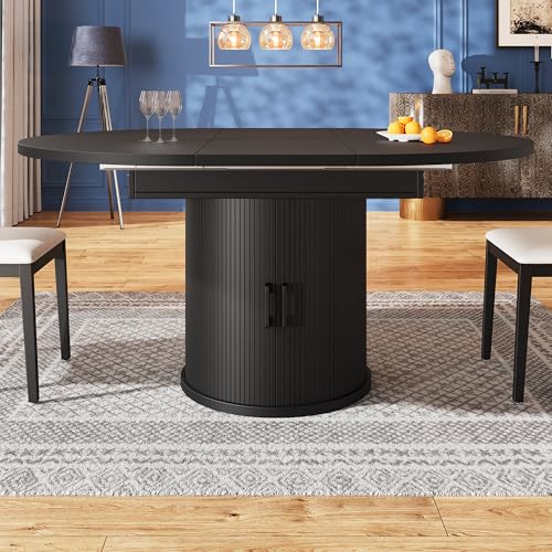 Merax Extendable Round Dining Table 118-158×118x76.8cm, Oval Kitchen Dining Room Table, with Storage, all-black finish, for 6 People, for Home & Living Room, black - Image 9