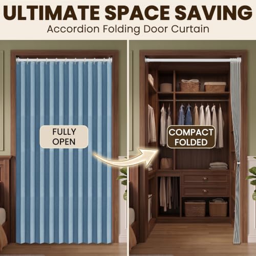 Image of AJAZZ Blackout Accordion Doors Interior Magnetic Door Curtain Closet Door Curtain Invisible Applicable Bedroom Room Living Room Doorway （Blue 42 inch W x 78 inch L 1 Panel