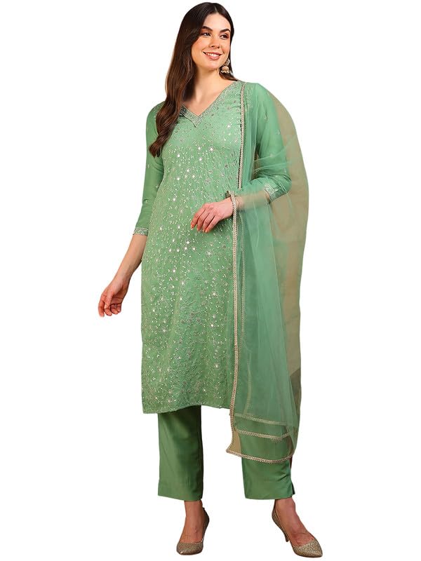 Image of Vaamsi Women's Silk Blend Floral Embroidered Straight Kurta Pant With Dupatta With Cotton Inner