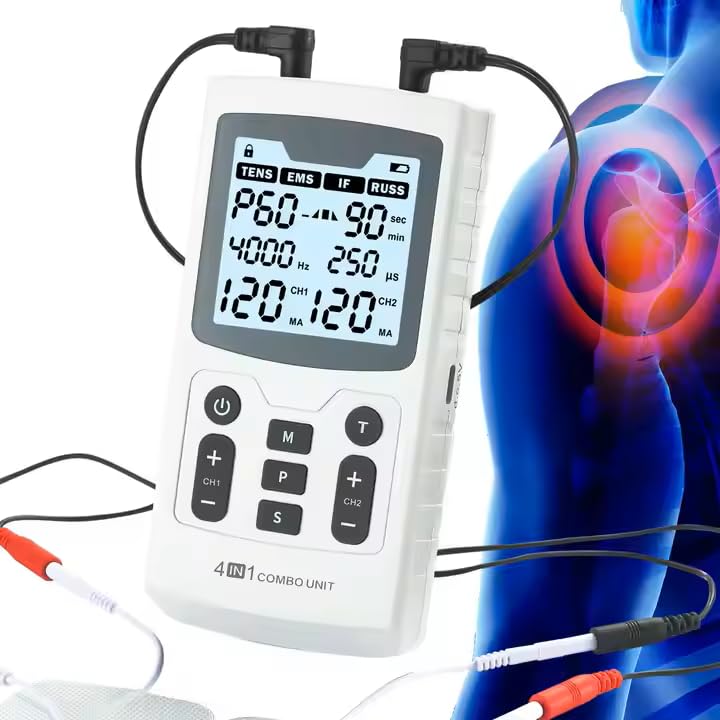 Image of Delta Interferential Therapy IFT TENS EMS Machine for Physiotherapy Massager, 60 modes, 50 Intensity Levels, AC /DC operated, Dual Channel, Muscle Nerve Stimulator 4 in 1 Combo therapy
