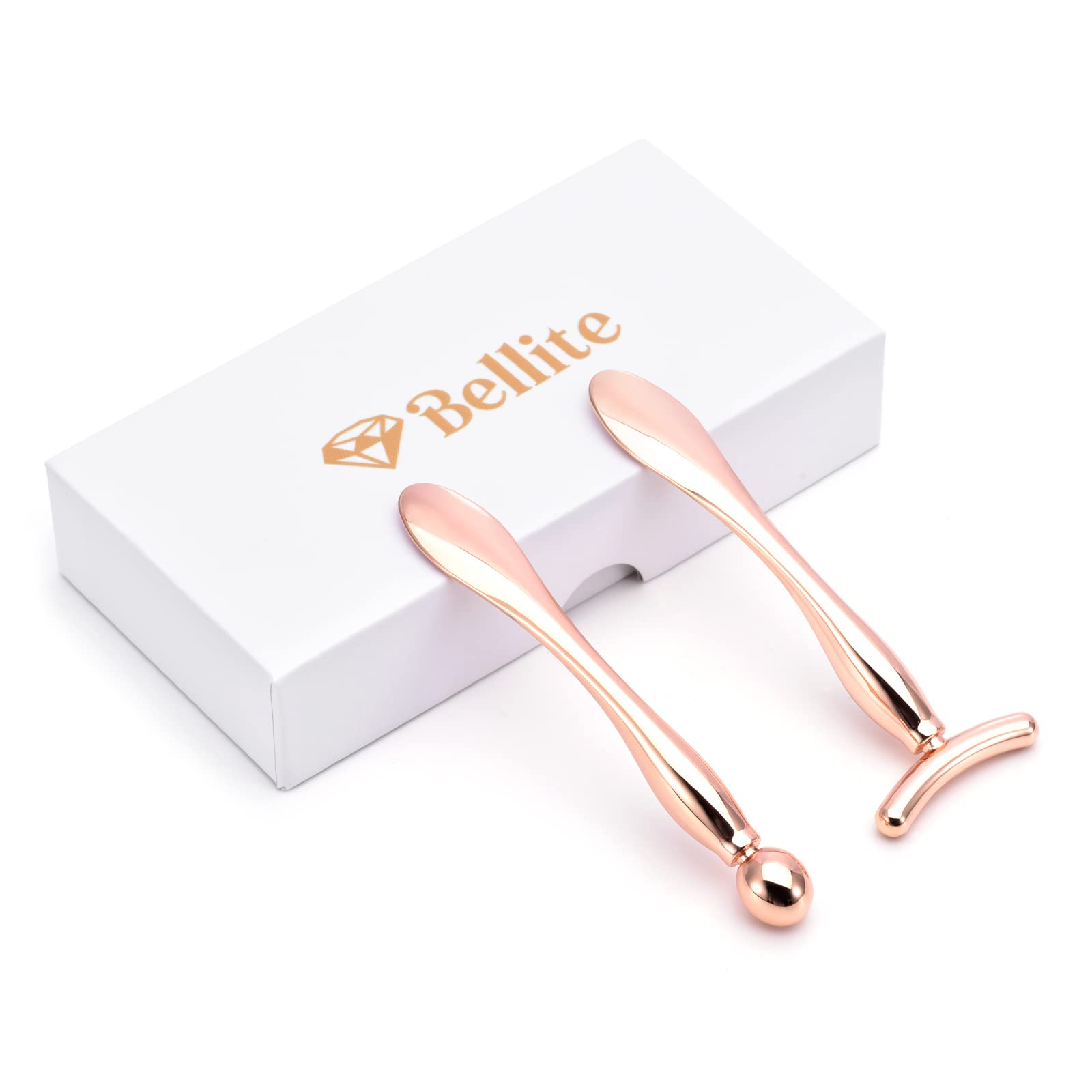 Bellite 2 en 1 Aplicador de Rodillo para Ojos y Masajeador Facial en Forma de T para Rutina de Cuidado de la Piel, Hinchazón, Ojeras, Líneas Finas, Circulación y Producción de Colágeno (Oro Rosa).